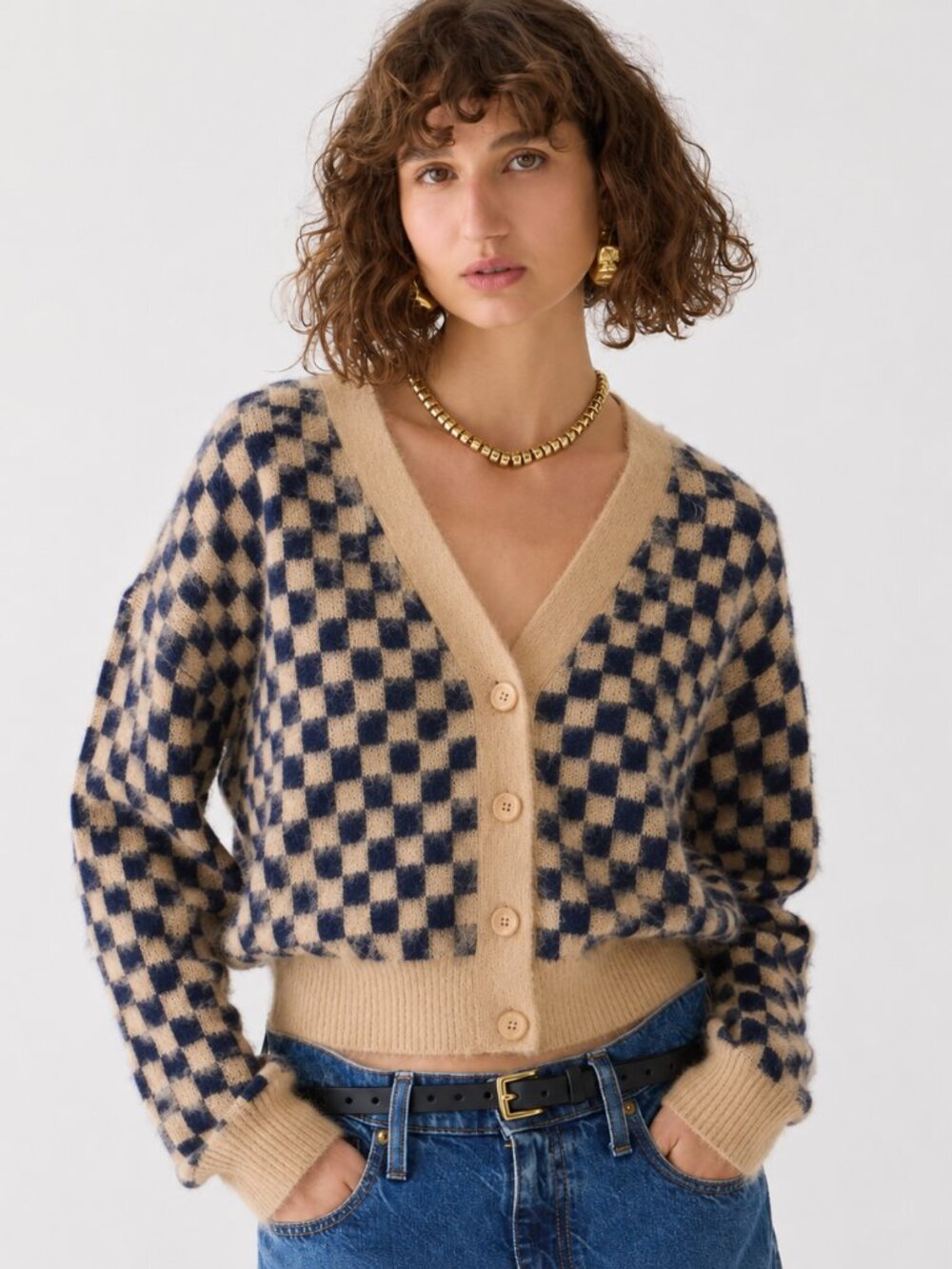 NWT J. Crew Checkered V-neck Cardigan Sweater Brushed Yarn in Sandy Beach Navy